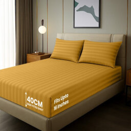 Bedlooms Super King Stripe Fitted Sheet 40 Cm Extra Deep- Microfiber Elasticated Deep Pocket Bed Sheets Ochre, 180X200 Cm - thumbnail 2