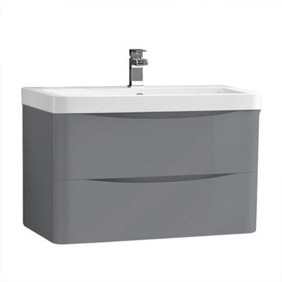 Sundaze 800mm Gloss Grey 2 Drawer Wall Hung Bathroom Cabinet Vanity Unit - image 1