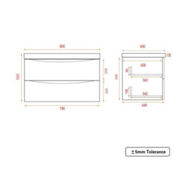 Sundaze 800mm Gloss Grey 2 Drawer Wall Hung Bathroom Cabinet Vanity Unit - thumbnail 4