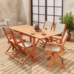 Sweeek - 6-Seater Extendable Wooden Garden Table Set With Chairs Natural 240X100X75 Cm - Almeria 6 - thumbnail 7