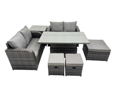 Fimous 7-Seater Patio Height Adjustable Rising Lifting Table Sofa Sets Rattan Garden Furniture Dining Set With 3 Stools Side Table - image 1