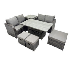 Fimous 7-Seater Patio Height Adjustable Rising Lifting Table Sofa Sets Rattan Garden Furniture Dining Set With 3 Stools Side Table - thumbnail 2
