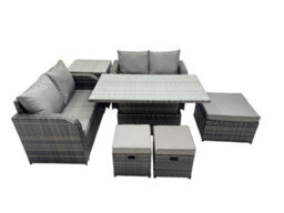 Fimous 7-Seater Patio Height Adjustable Rising Lifting Table Sofa Sets Rattan Garden Furniture Dining Set With 3 Stools Side Table - thumbnail 1