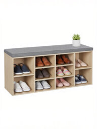 LEDREM Shoe Bench With Cushion, 10-Compartment Storage Bench With Padded Seat, Adjustable Shelves, For Bedroom, Oak Colour - thumbnail 3