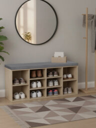 LEDREM Shoe Bench With Cushion, 10-Compartment Storage Bench With Padded Seat, Adjustable Shelves, For Bedroom, Oak Colour - thumbnail 6