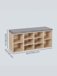 LEDREM Shoe Bench With Cushion, 10-Compartment Storage Bench With Padded Seat, Adjustable Shelves, For Bedroom, Oak Colour - thumbnail 4