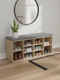 LEDREM Shoe Bench With Cushion, 10-Compartment Storage Bench With Padded Seat, Adjustable Shelves, For Bedroom, Oak Colour - thumbnail 5