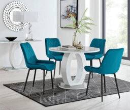 Furniturebox Giovani Round 4 Seat 100Cm White High Gloss Halo Base Grey Glass Top Dining Table 4 Blue Velvet Black Leg Pesaro Chairs
