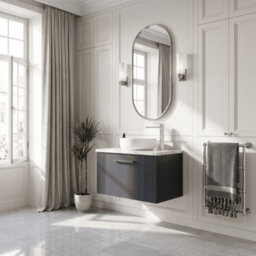 Balterley Belvide Partial Fluted 1 Drawer Wall Hung Vanity Unit With Carrera Marble Laminate Worktop - 600mm - Satin Soft Black - thumbnail 4