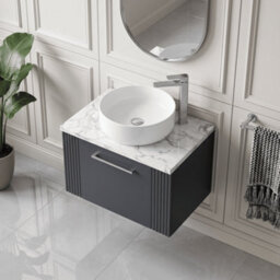 Balterley Belvide Partial Fluted 1 Drawer Wall Hung Vanity Unit With Carrera Marble Laminate Worktop - 600mm - Satin Soft Black - thumbnail 3