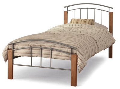 Save On Goods UK 3Ft Single Silver Metal Tubular Bed Frame, Beech Wood Finish Corner Posts.strong Sturdy Frame Bedstead Base. - image 1