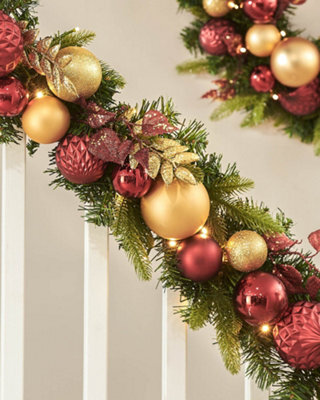 Werchristmas Pre-Lit Artificial Christmas Garland 9 Ft With Burgundy And Gold Baubles, 100 Warm White Leds - image 1