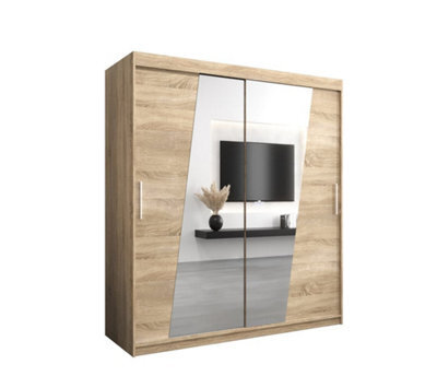 Arte Rhomb Contemporary Mirrored 2 Sliding Door Wardrobe 9 Shelves 2 Rails Oak Sonoma Effect (H)2000mm (W)1800mm (D)620mm - image 1