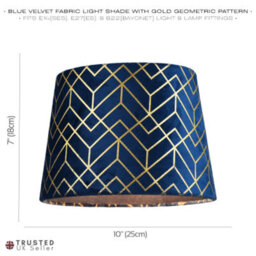 Happy Homewares Navy Blue Velvet Lamp Shade With Geometric Design In Metallic Gold Foil Lines - thumbnail 7