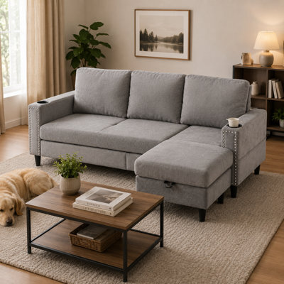 Living And Home Grey Chenille Upholstered L-Shaped 3-Seater Sectional Sofa With Ottoman - image 1