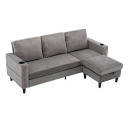 Living And Home Grey Chenille Upholstered L-Shaped 3-Seater Sectional Sofa With Ottoman - thumbnail 2