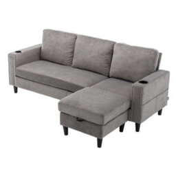 Living And Home Grey Chenille Upholstered L-Shaped 3-Seater Sectional Sofa With Ottoman - thumbnail 5