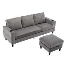 Living And Home Grey Chenille Upholstered L-Shaped 3-Seater Sectional Sofa With Ottoman - thumbnail 3