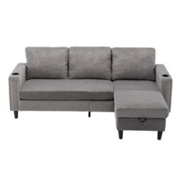 Living And Home Grey Chenille Upholstered L-Shaped 3-Seater Sectional Sofa With Ottoman - thumbnail 4