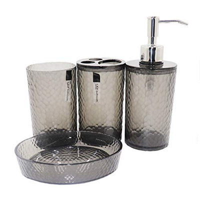 London Boutique 4 Pieces Bathroom Accessory Set Clear Soap Dispenser Toothbrush Holder Tumbler Soap Dish (Clear Black) - image 1