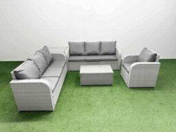Fimous 7 Seater Poly Rattan Outdoor Garden Furniture Sofa Set 3 Seater Sofa Reclining Chair 3 Seater Sofa Side Table Light Grey - thumbnail 2