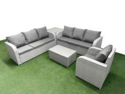 Fimous 7 Seater Poly Rattan Outdoor Garden Furniture Sofa Set 3 Seater Sofa Reclining Chair 3 Seater Sofa Side Table Light Grey - thumbnail 1