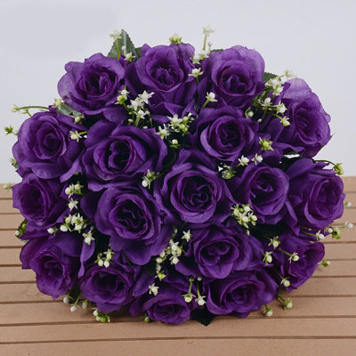 Dark Purple Artificial Silk Rose Bouquet - 18 Heads - Realistic Wedding & Home Decor Flower