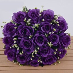 Dark Purple Artificial Silk Rose Bouquet - 18 Heads - Realistic Wedding & Home Decor Flower