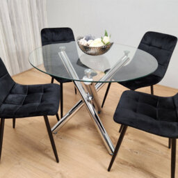 Kosy Koala Round Chrome Metal And Clear Glass Dining Table And 4 Black Tufted Velvet Chairs Kitchen Dining Set - thumbnail 7