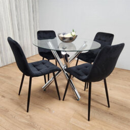 Kosy Koala Round Chrome Metal And Clear Glass Dining Table And 4 Black Tufted Velvet Chairs Kitchen Dining Set - thumbnail 2