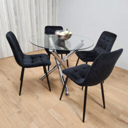 Kosy Koala Round Chrome Metal And Clear Glass Dining Table And 4 Black Tufted Velvet Chairs Kitchen Dining Set - thumbnail 6