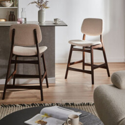 Wyld And Coco Set Of 2 Brown Rubberwood Bar Chairs With Beige Boucle Seats, W53 X D62 X H98Cm - thumbnail 2