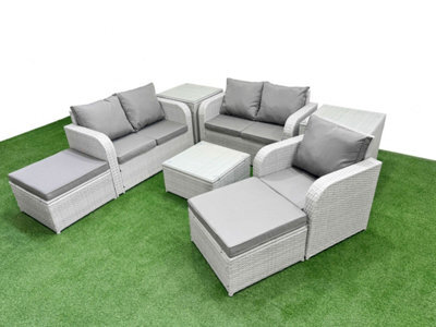 Fimous Rattan Garden Furniture Set Reclining Chair Loveseat Sofa Square Coffee Table Indoor Outdoor Set 2 Stool 2 Side Table - image 1