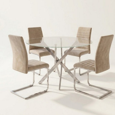 Oira Homes Modern Round Glass Dining Table Set With 4 Cream Velvet Chairs 4 Seater Dining Table Set - image 1