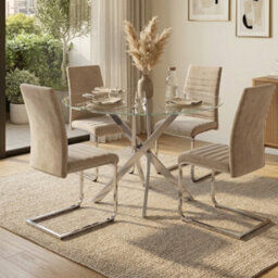 Oira Homes Modern Round Glass Dining Table Set With 4 Cream Velvet Chairs 4 Seater Dining Table Set - thumbnail 2