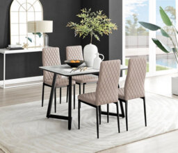 Furniturebox Carson 4 Seater White Marble Effect Rectangular Scratch Resistant Dining Table With 4 Beige Milan Faux Leather Black Leg Chairs