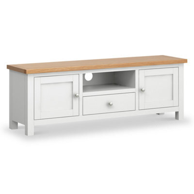 Farro White 140Cm Wide Tv Unit - Fully Assembled - Painted With Oak Top By Roseland Furniture - image 1