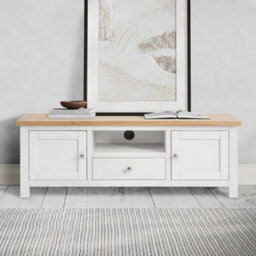 Farro White 140Cm Wide Tv Unit - Fully Assembled - Painted With Oak Top By Roseland Furniture - thumbnail 2