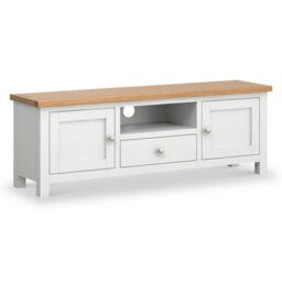 Farro White 140Cm Wide Tv Unit - Fully Assembled - Painted With Oak Top By Roseland Furniture