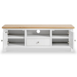Farro White 140Cm Wide Tv Unit - Fully Assembled - Painted With Oak Top By Roseland Furniture - thumbnail 4