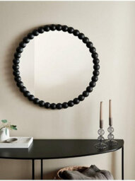Deenz Round Bobbin Edges Wall Mounted Ornamental Mirror Glass & Plastic Spherical Beaded Frame Pattern Black Home Decor 65 X 2 Cm