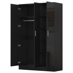 Reflect 3 Door Plain Wardrobe - Black Gloss & Black Oak - Hanging Rail & 4 Shelves- H: 180Cm X W: 113Cm X D: 47Cm - Modern Design - thumbnail 6