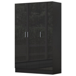Reflect 3 Door Plain Wardrobe - Black Gloss & Black Oak - Hanging Rail & 4 Shelves- H: 180Cm X W: 113Cm X D: 47Cm - Modern Design - thumbnail 5