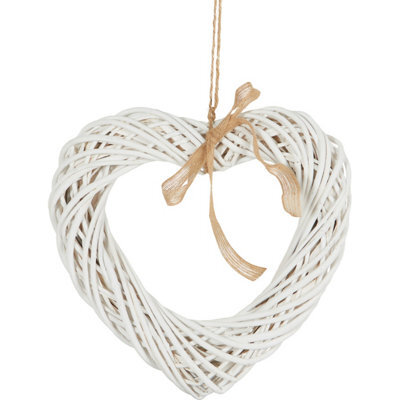 Biznest Heart With Ribbon Wall Hanging Wicker Ornament Rustic White Home Deco Artwork Sculpture Special Occasions Gift Idea 35Cm - image 1