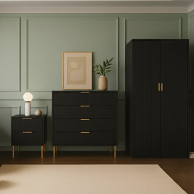 Home Treats Ridged Bedroom Furniture Set Wardrobe Chest Of 4 Drawers & Bedside Table Wood Black & Gold Handles - image 1
