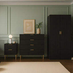 Home Treats Ridged Bedroom Furniture Set Wardrobe Chest Of 4 Drawers & Bedside Table Wood Black & Gold Handles