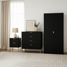 Home Treats Ridged Bedroom Furniture Set Wardrobe Chest Of 4 Drawers & Bedside Table Wood Black & Gold Handles - thumbnail 2