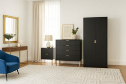 Home Treats Ridged Bedroom Furniture Set Wardrobe Chest Of 4 Drawers & Bedside Table Wood Black & Gold Handles - thumbnail 5