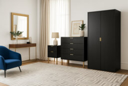 Home Treats Ridged Bedroom Furniture Set Wardrobe Chest Of 4 Drawers & Bedside Table Wood Black & Gold Handles - thumbnail 3