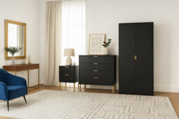 Home Treats Ridged Bedroom Furniture Set Wardrobe Chest Of 4 Drawers & Bedside Table Wood Black & Gold Handles - thumbnail 4